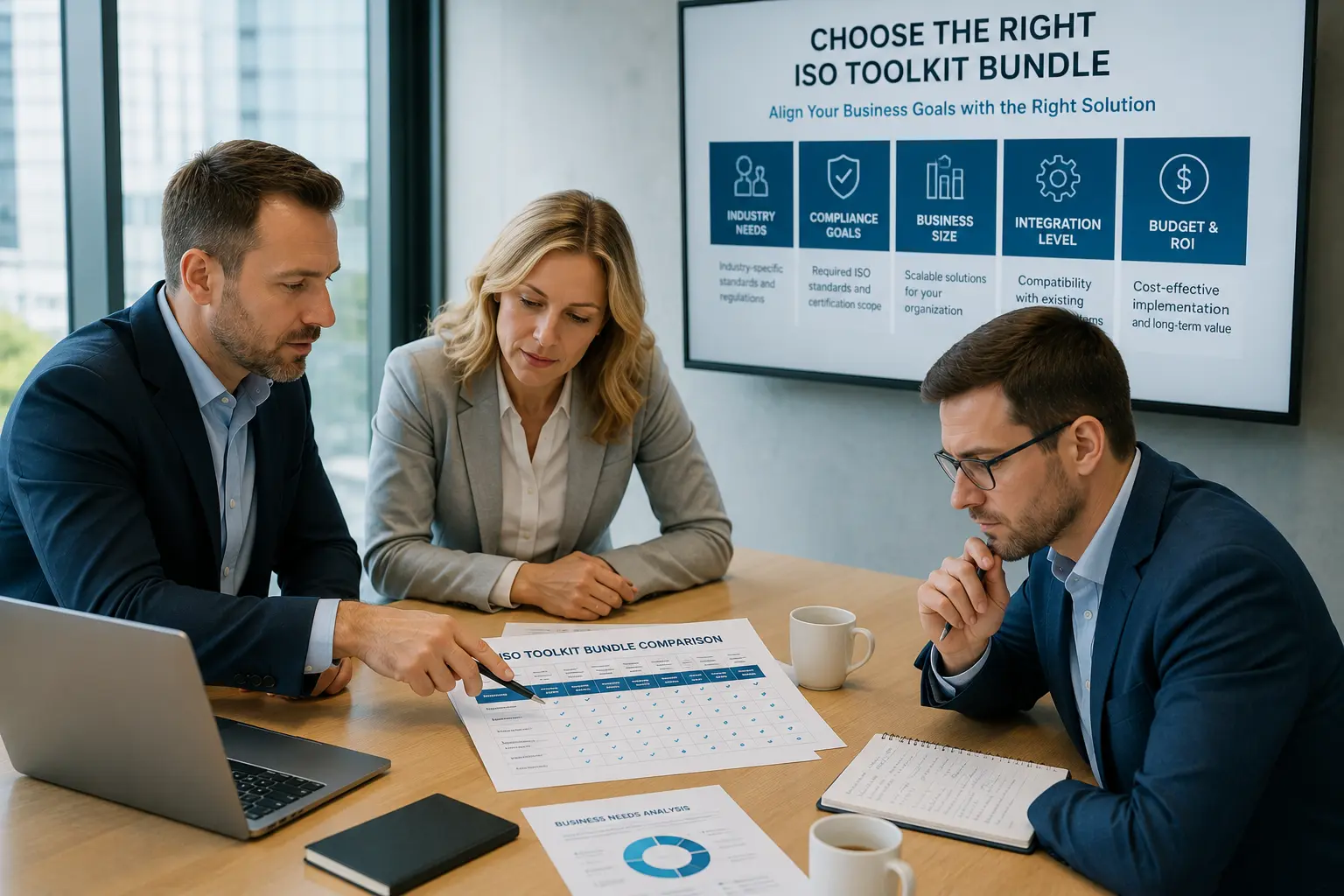Business team selecting the right ISO Toolkit Bundle based on industry, certification goals, and operational risks