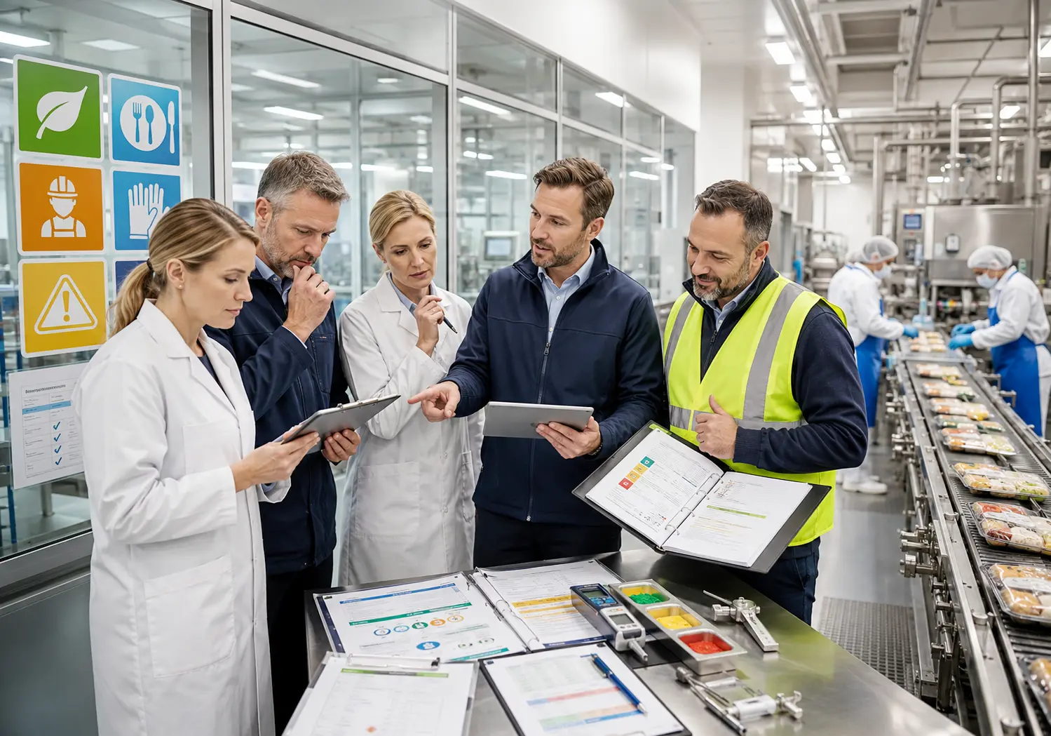 European food manufacturing quality team reviewing ISO toolkit documentation for food safety quality environment safety measurement and internal audits