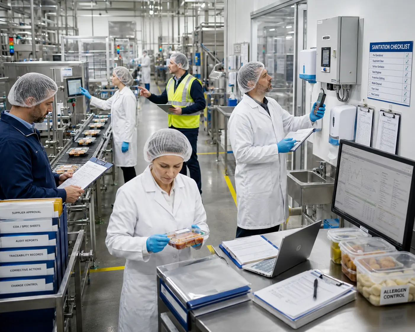 European food production team managing food safety hazards quality checks hygiene controls traceability supplier records calibration and audit evidence