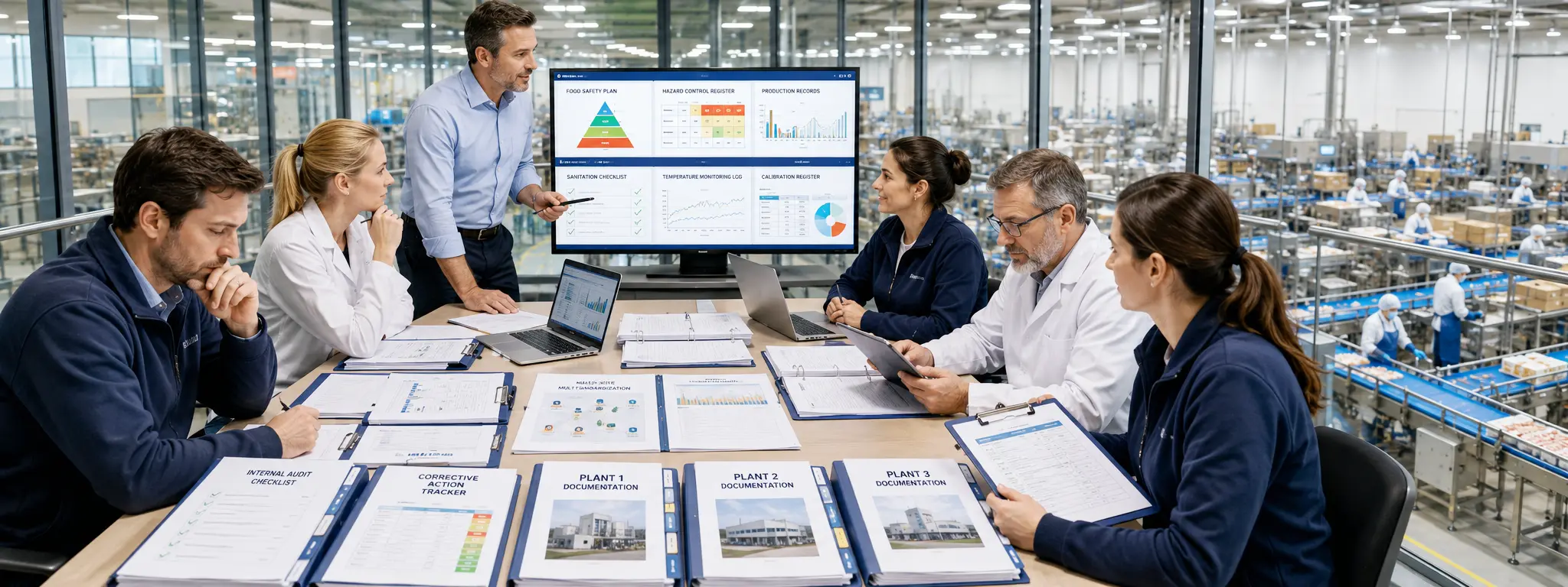 European food safety and quality team reviewing food safety plans production records audit checklists corrective action trackers and multi site documentation