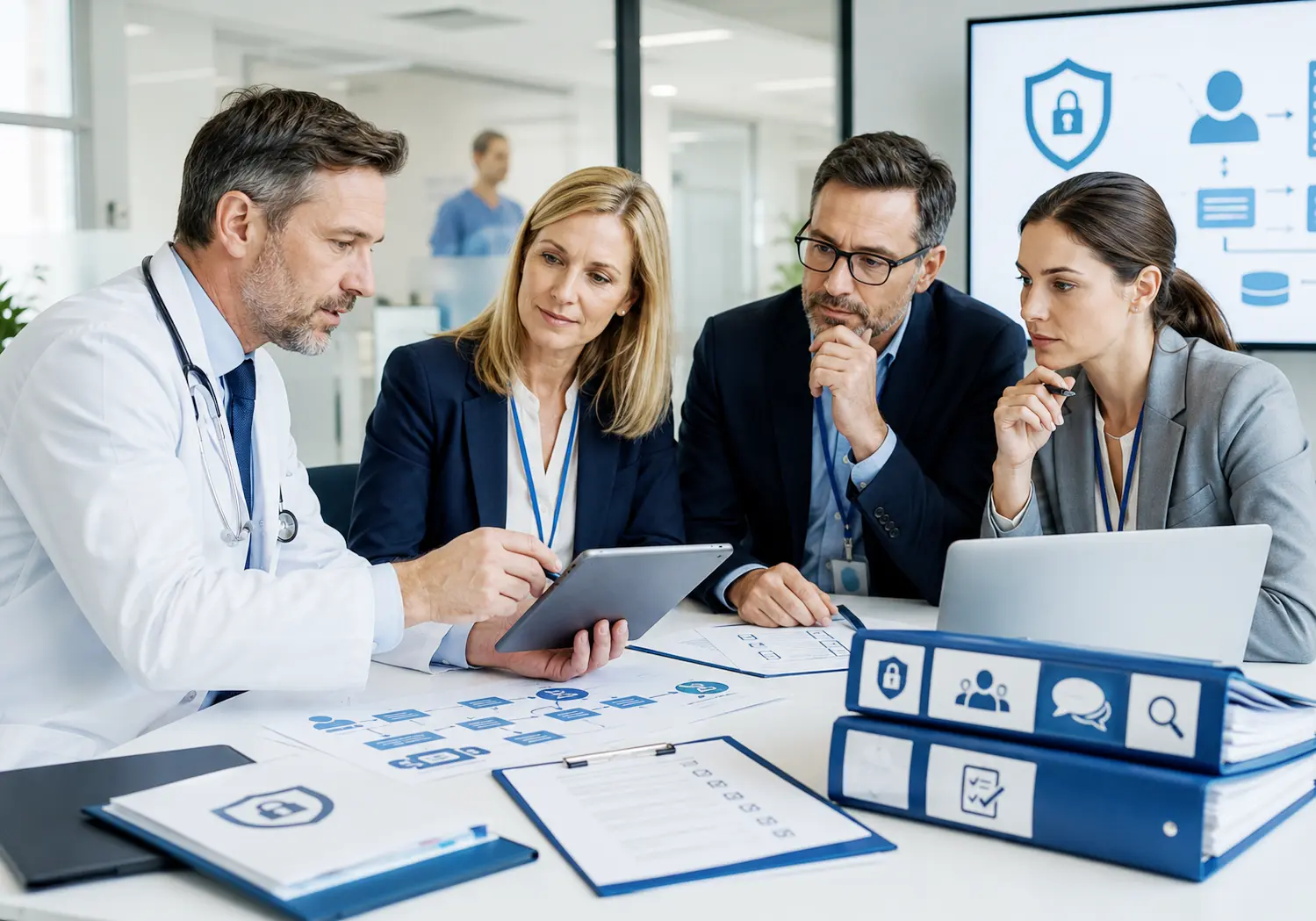 European healthcare management team reviewing ISO toolkit documentation for quality patient service privacy information security complaints and internal audits