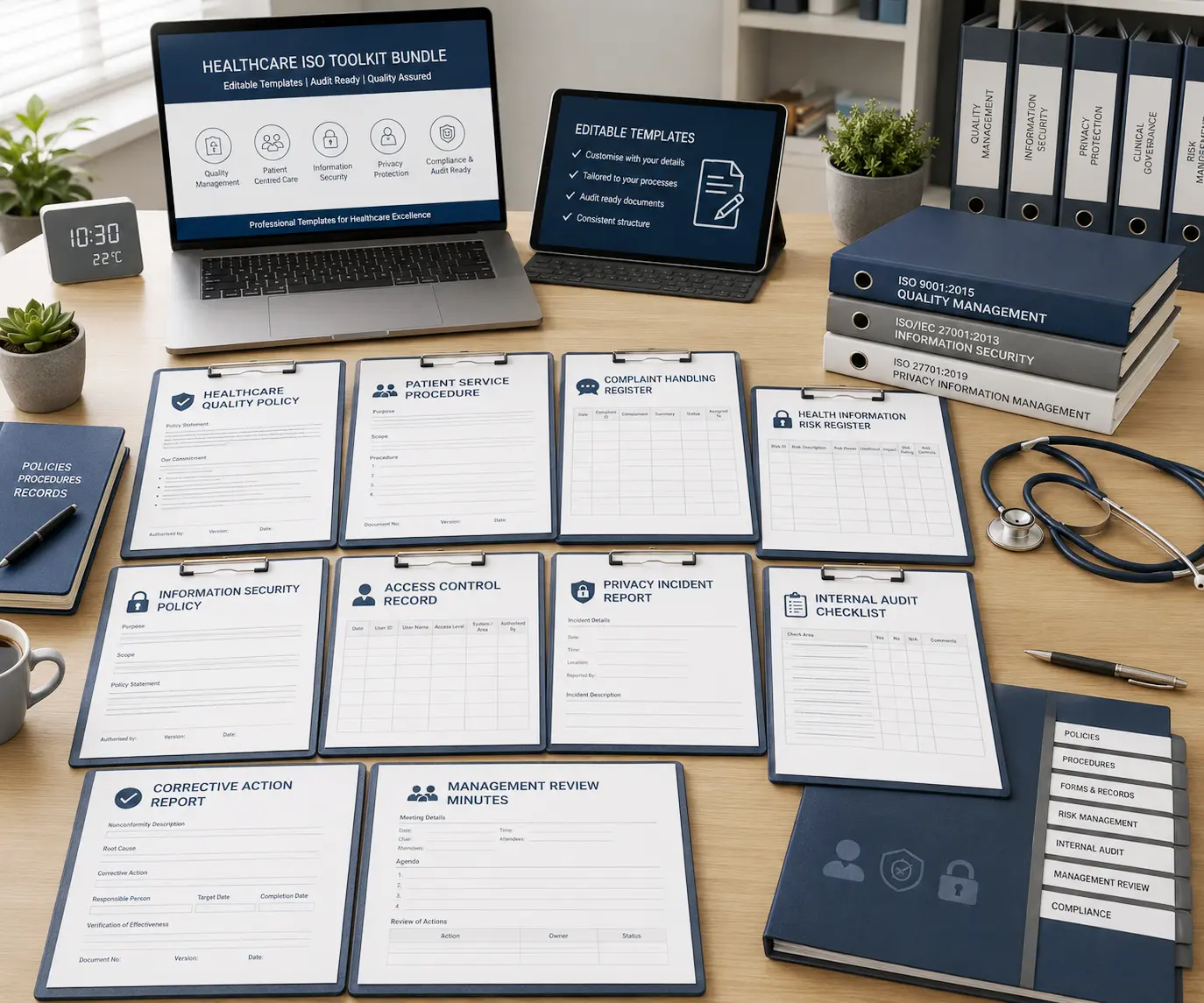 Editable healthcare ISO documents templates patient service forms complaint registers privacy records security controls audit checklists and management review records