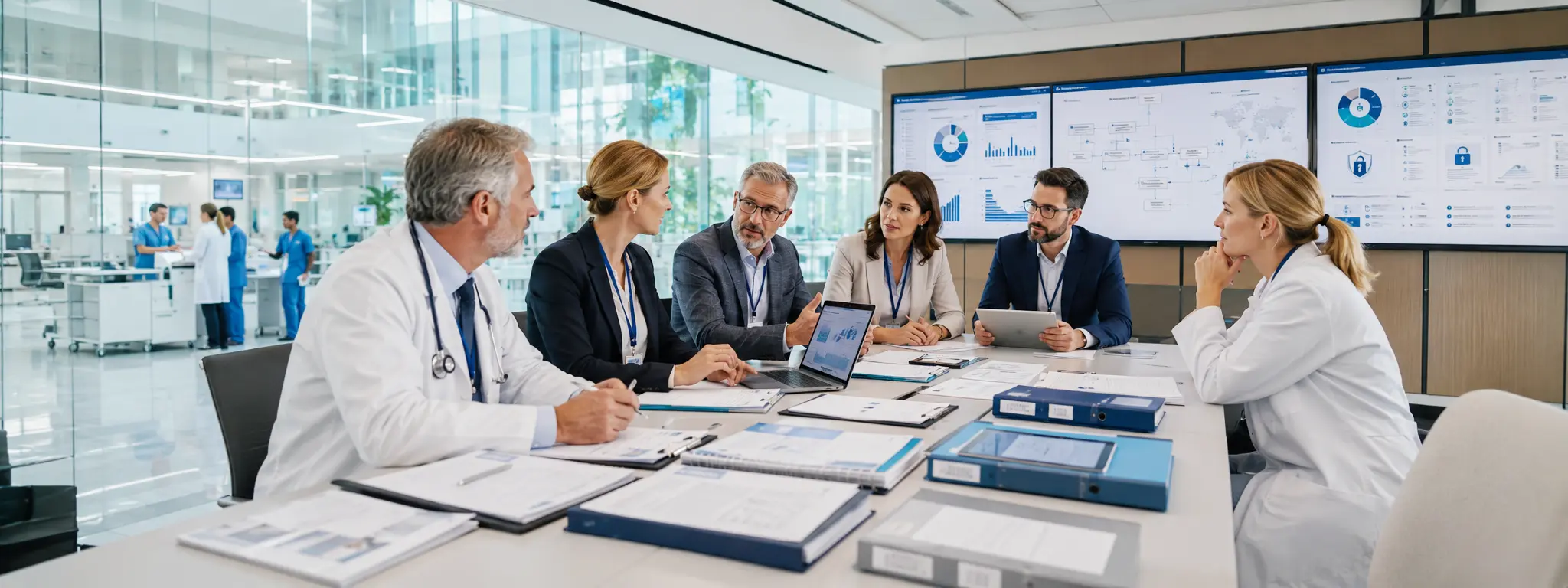 European healthcare leadership team reviewing patient service procedures audit checklists risk registers complaint trends privacy controls and standardized clinic documentation