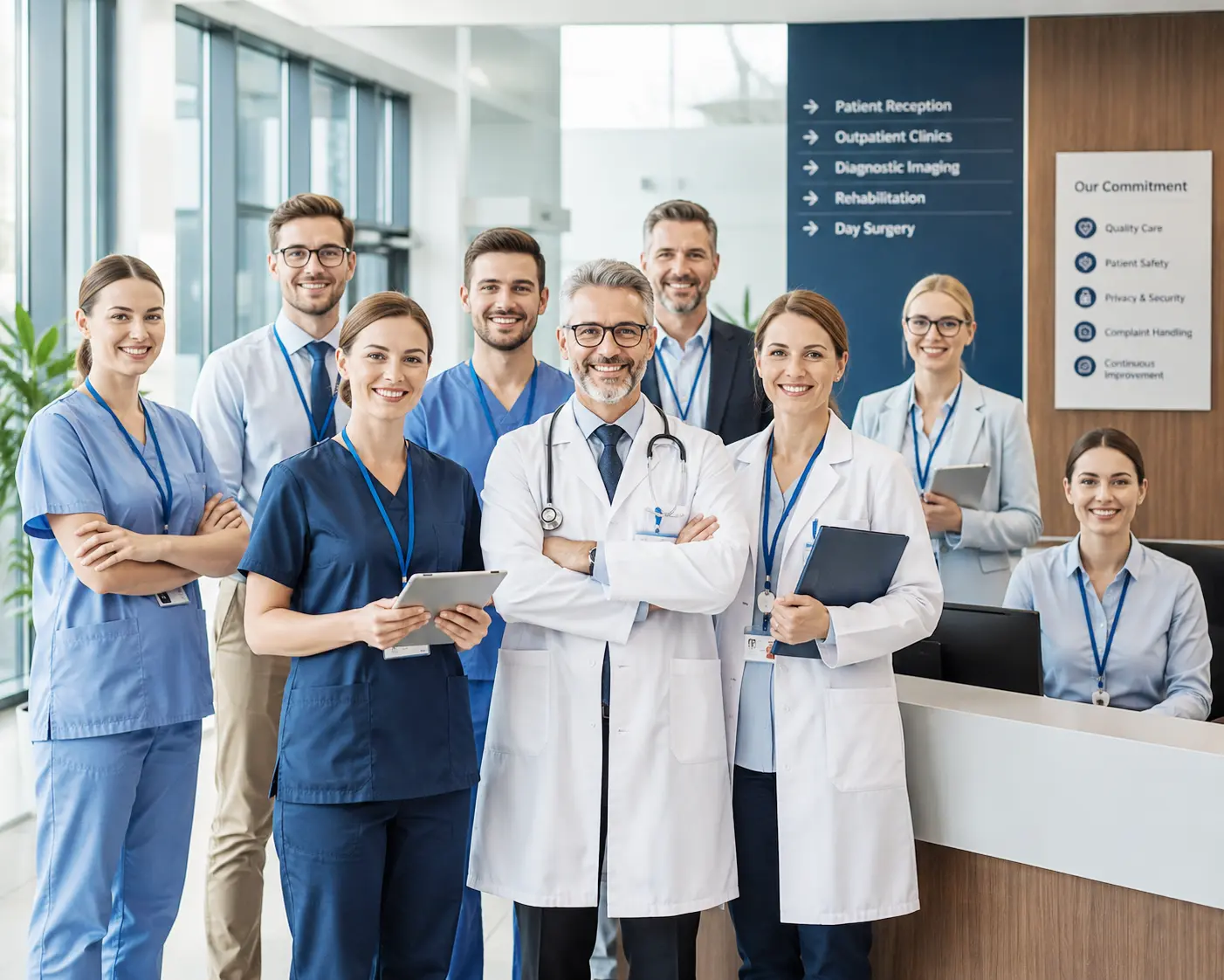 European doctors nurses healthcare administrators clinic managers IT privacy and compliance teams in a modern healthcare environment