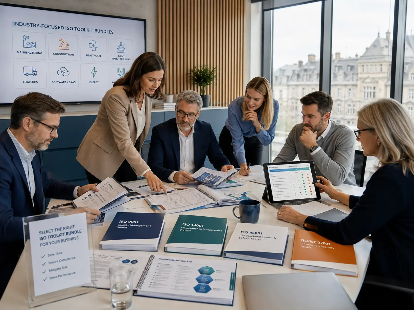 Professional business team reviewing ISO Toolkit Bundles, implementation plans, audit documents, and management system dashboards