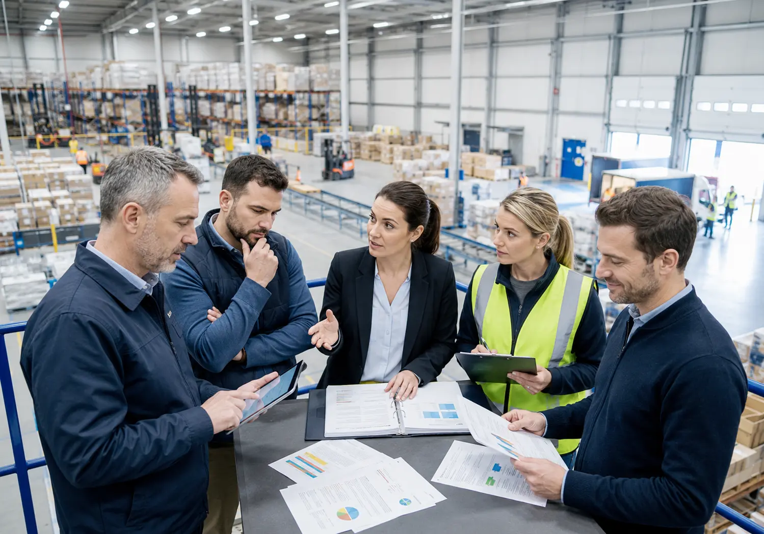 European logistics warehouse and supply chain team reviewing ISO toolkit documentation for quality security road safety environment worker safety and internal audits