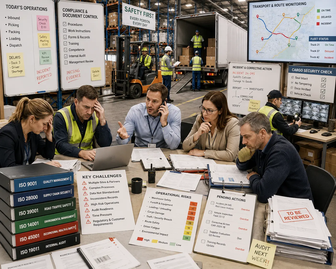 European logistics teams managing warehouse controls freight operations cargo security route safety environmental impacts HSE risks and audit evidence