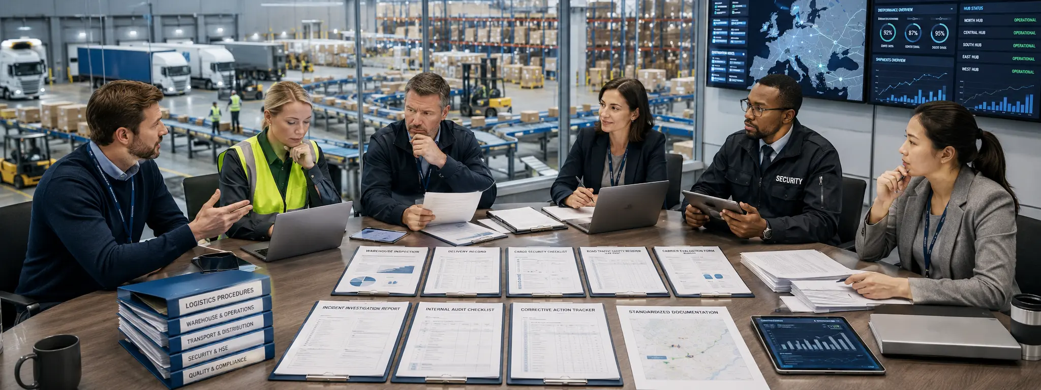 European supply chain team reviewing warehouse procedures delivery records cargo security checklists road safety registers audit checklists corrective action trackers and multi hub documentation