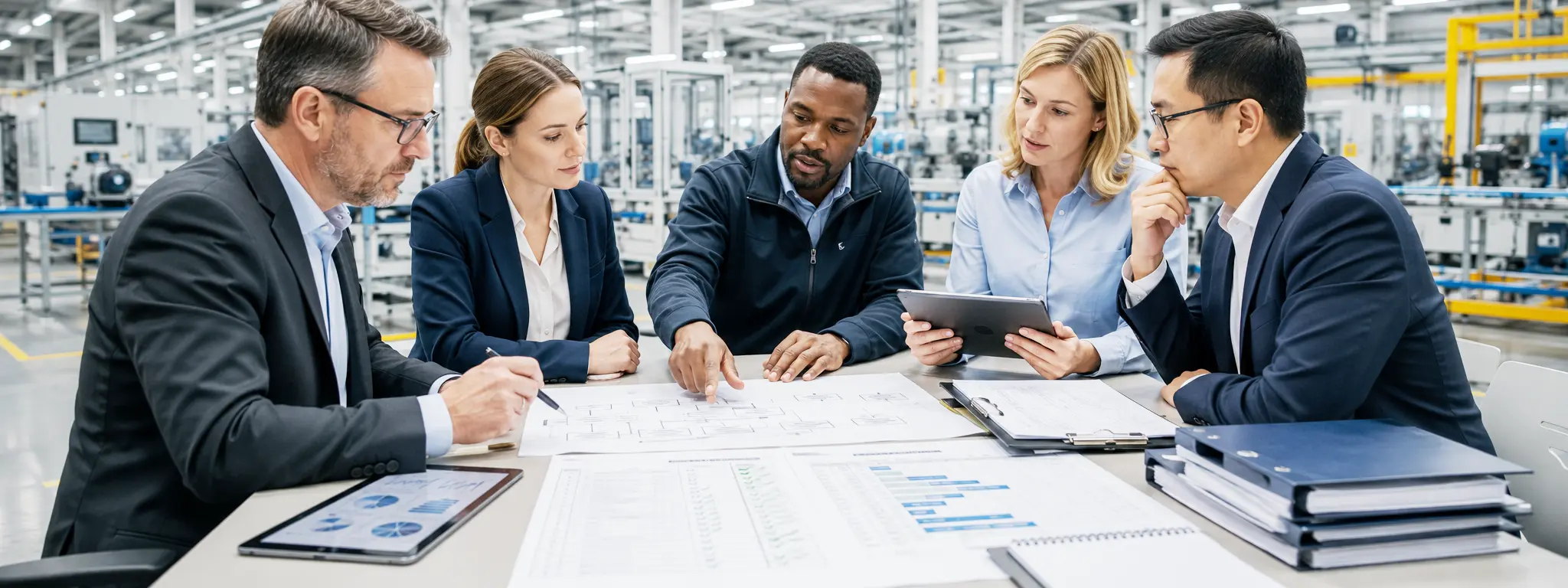 Manufacturing management team reviewing ISO process map audit checklist implementation roadmap corrective action tracker and multi site documentation