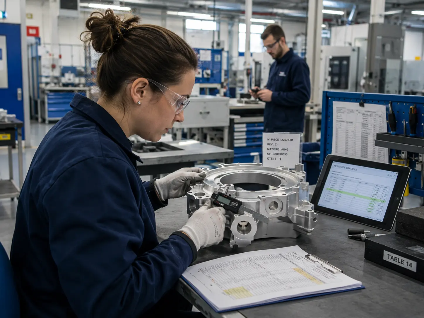 Aerospace inspector checking precision machined components against inspection requirements