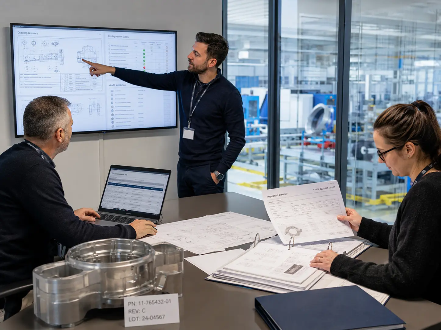 Aerospace quality team reviewing controlled procedures, drawings, inspection records, and configuration files
