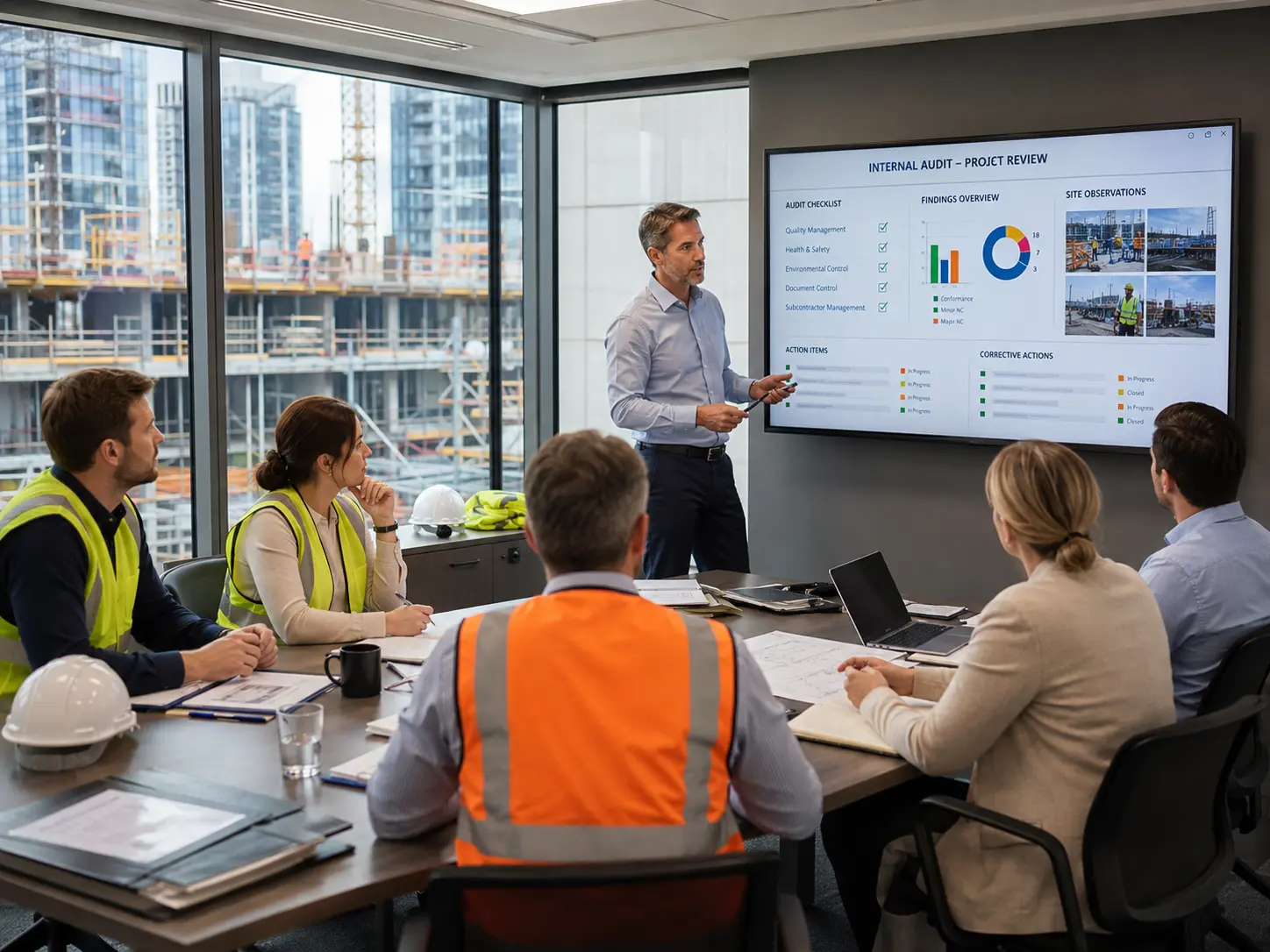 Construction managers reviewing internal audit findings and corrective actions