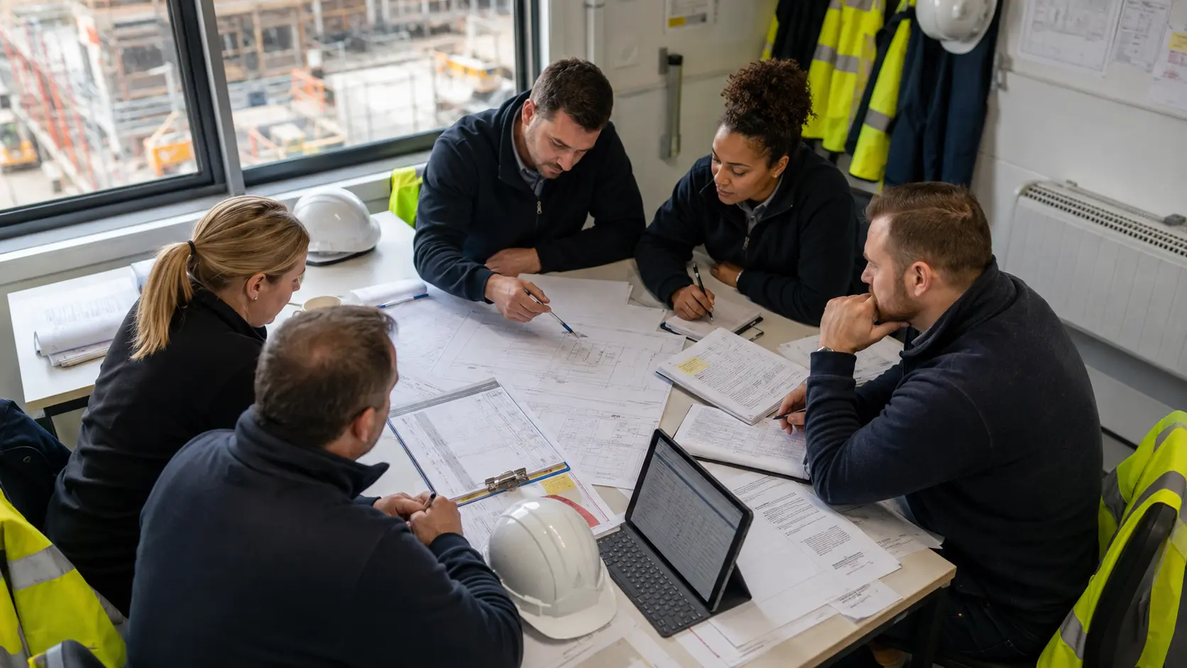 Construction managers reviewing ISO dashboard project records and audit readiness actions