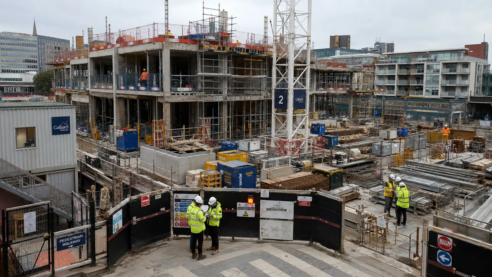 Construction site with project teams coordinating inspection safety and environmental controls
