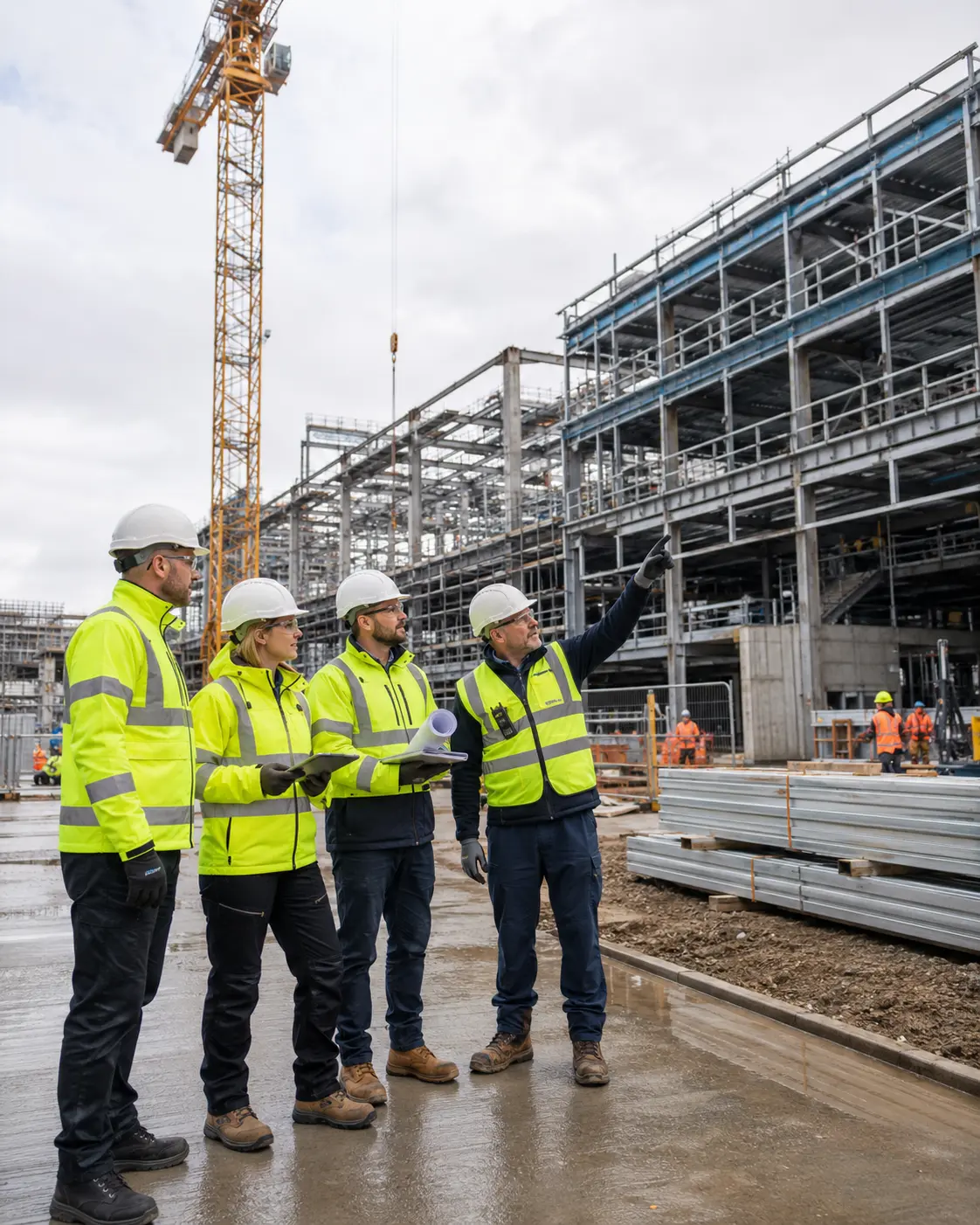 Construction project managers reviewing site quality safety and environmental records on a building site