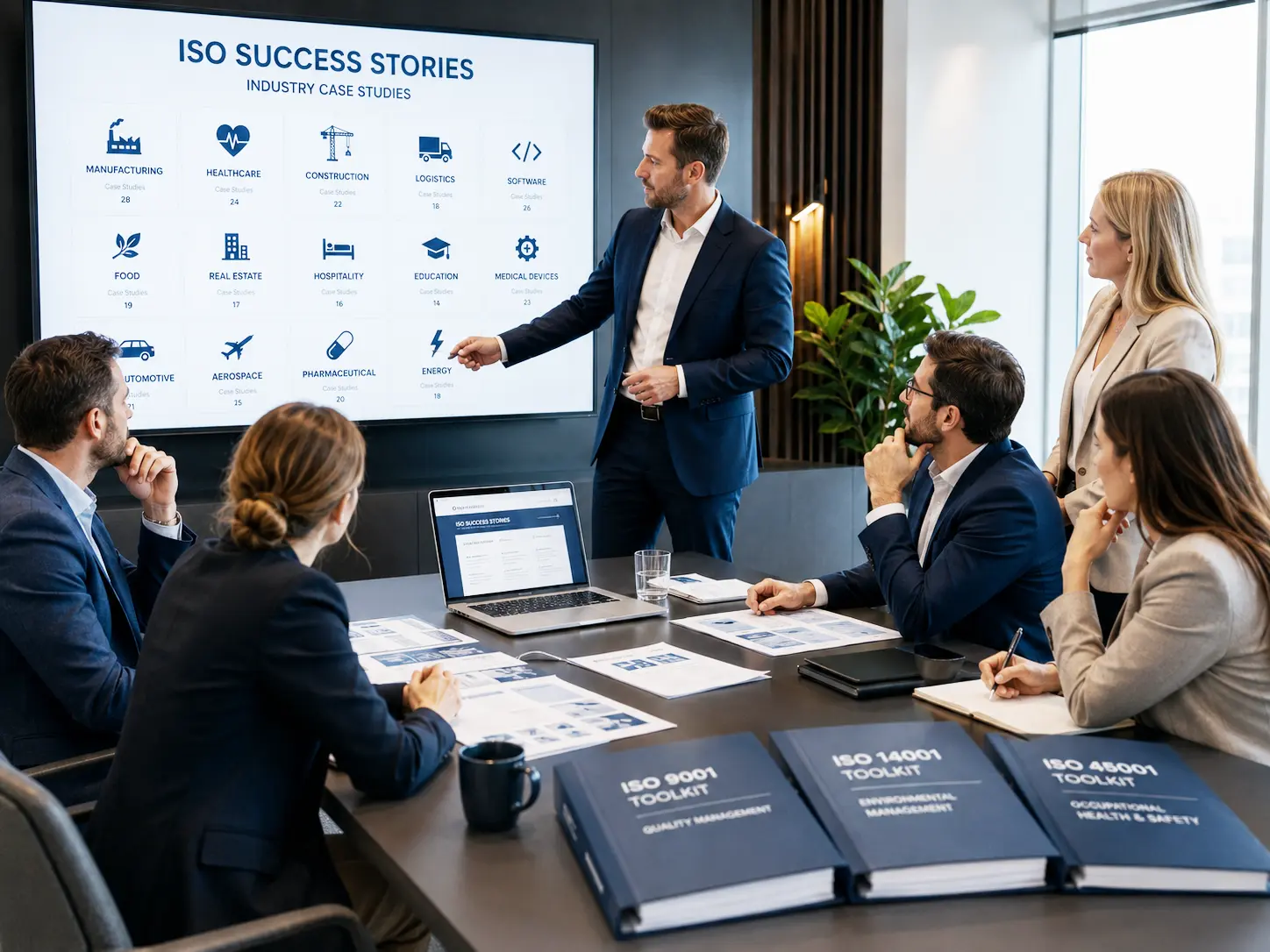 Business team reviewing ISO Toolkit customer success stories across industries