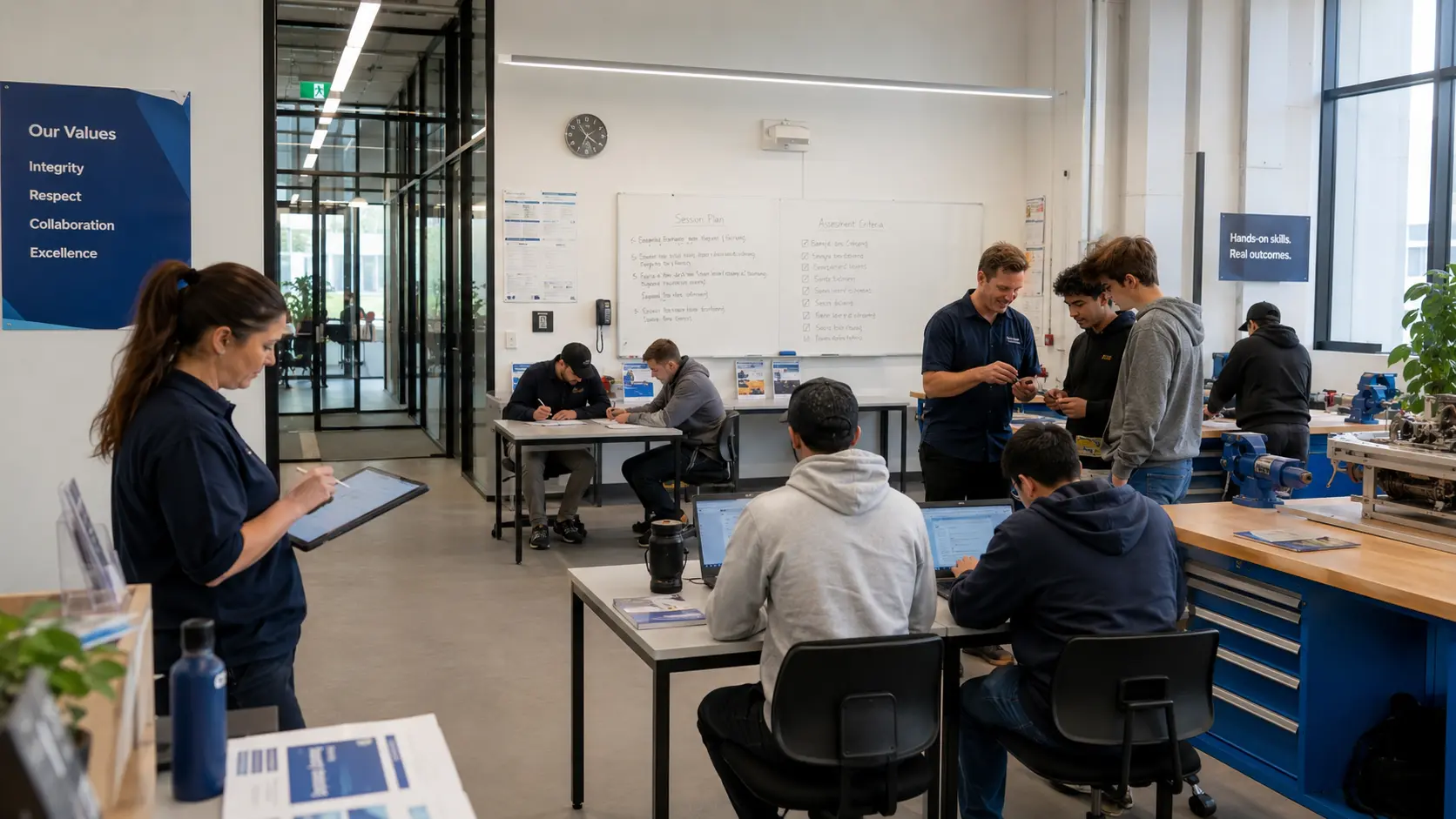 Modern vocational training center with trainers, students, and operations staff coordinating course delivery and learner support