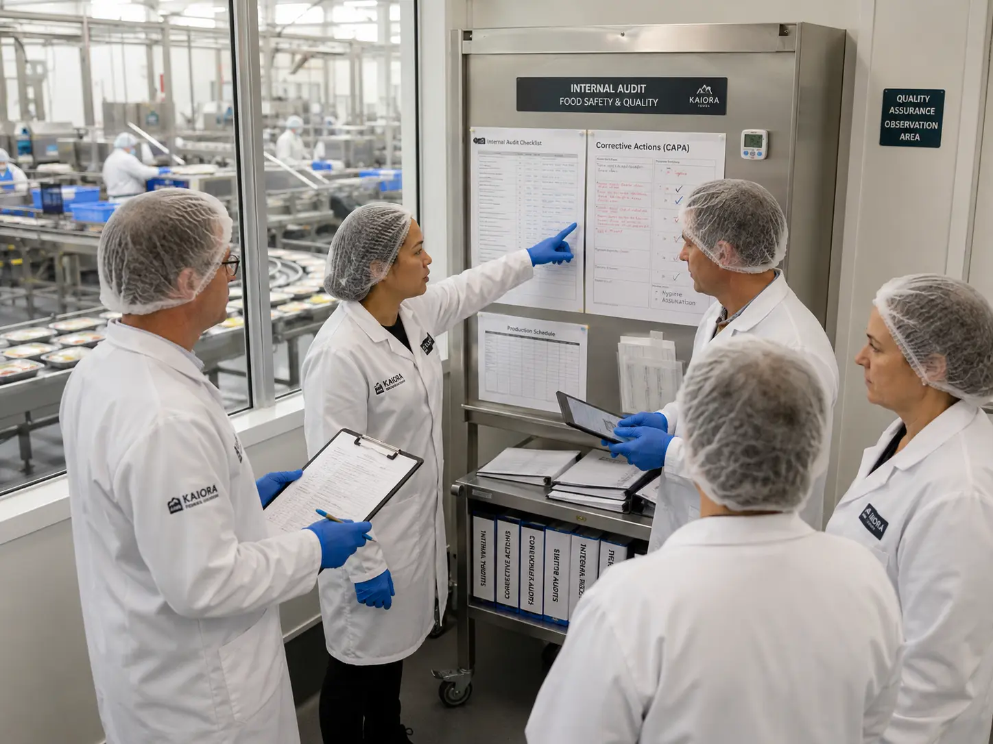 Food manufacturing managers reviewing internal audit findings and corrective actions