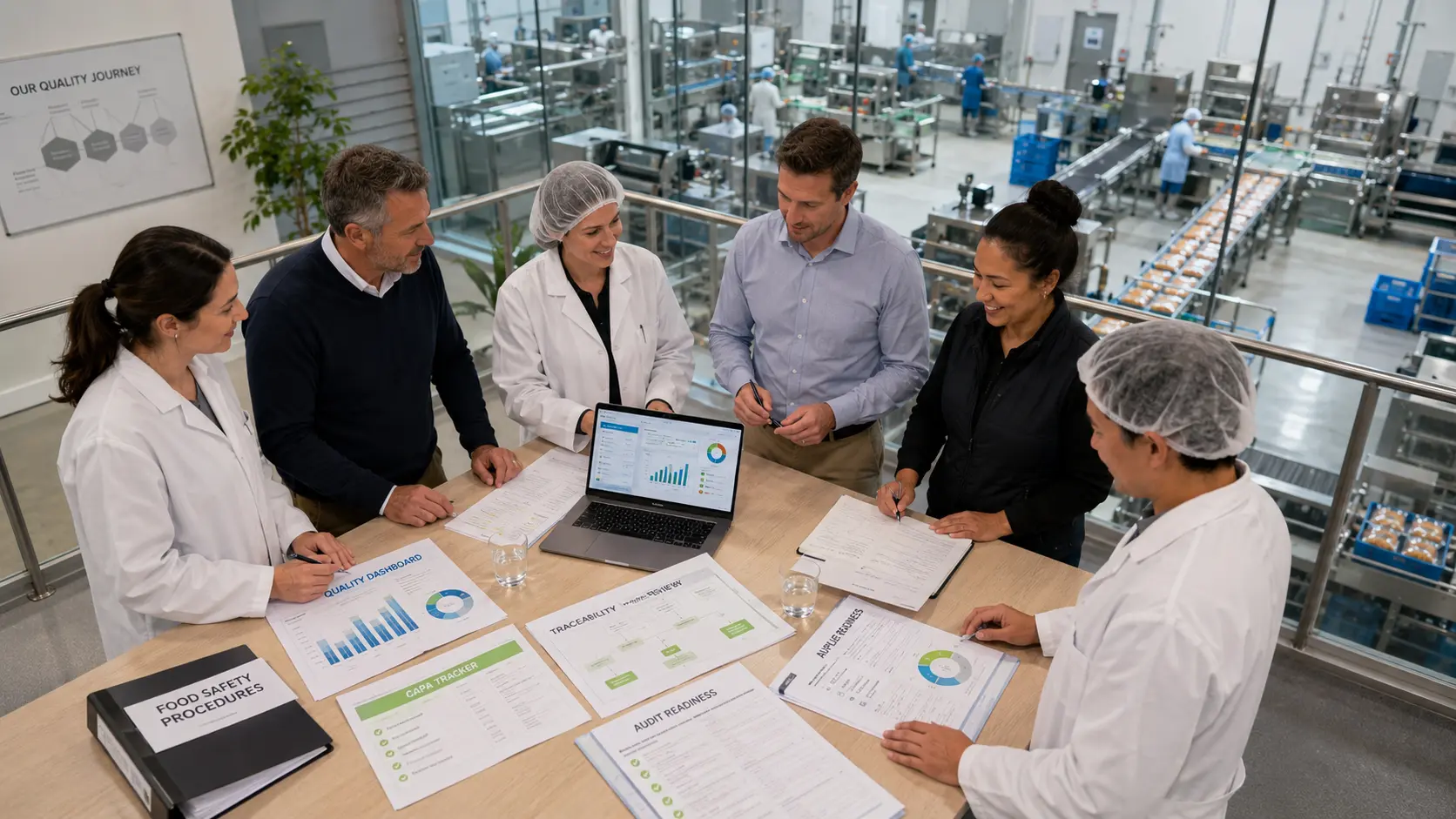 Food manufacturing managers reviewing ISO dashboard, traceability evidence, and audit readiness actions