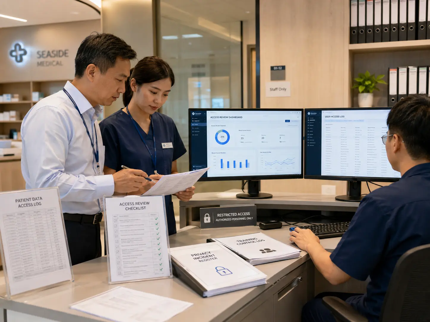 Healthcare staff reviewing patient data protection controls