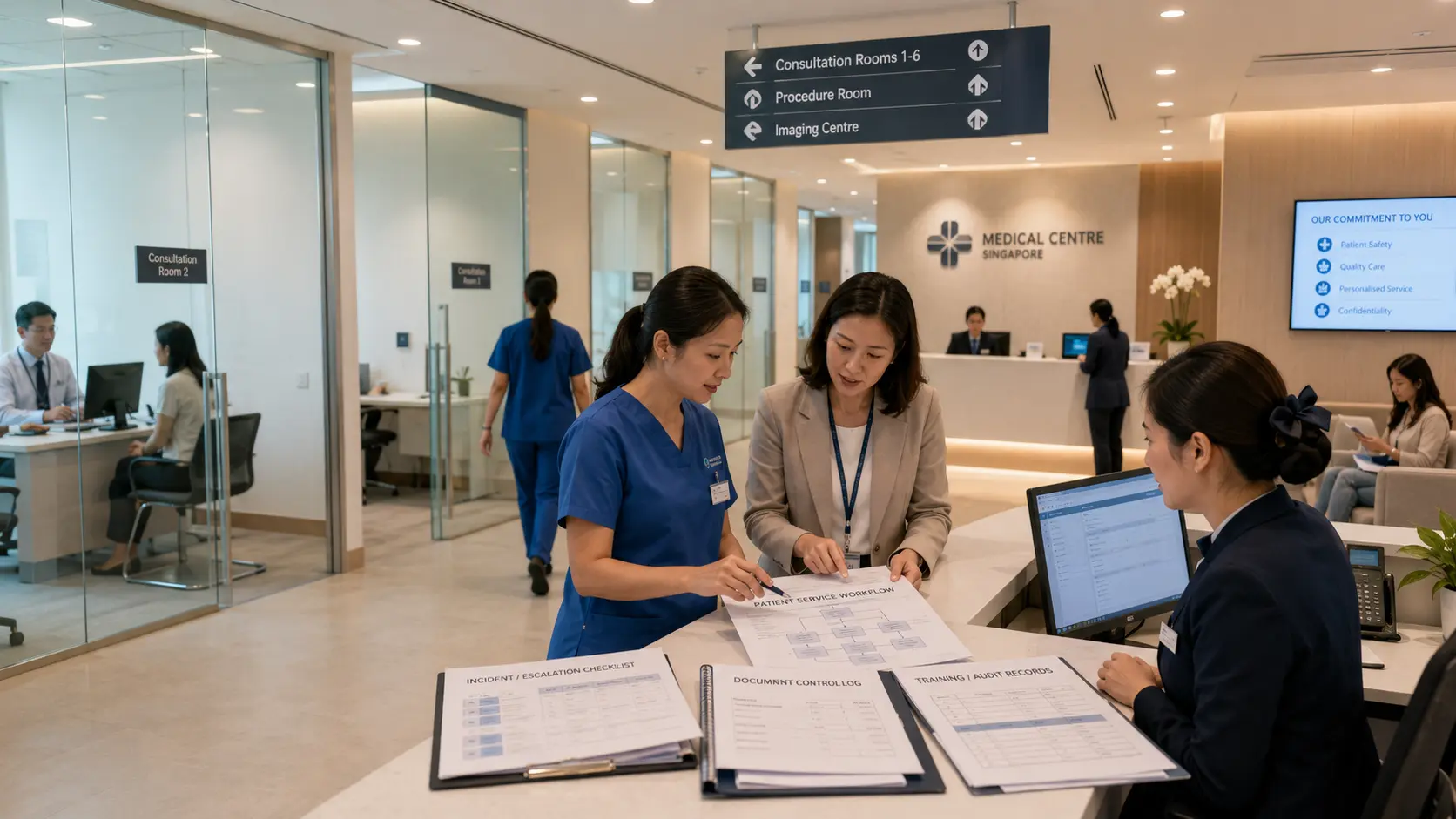 Healthcare staff coordinating patient service workflows and quality records in a clinical environment