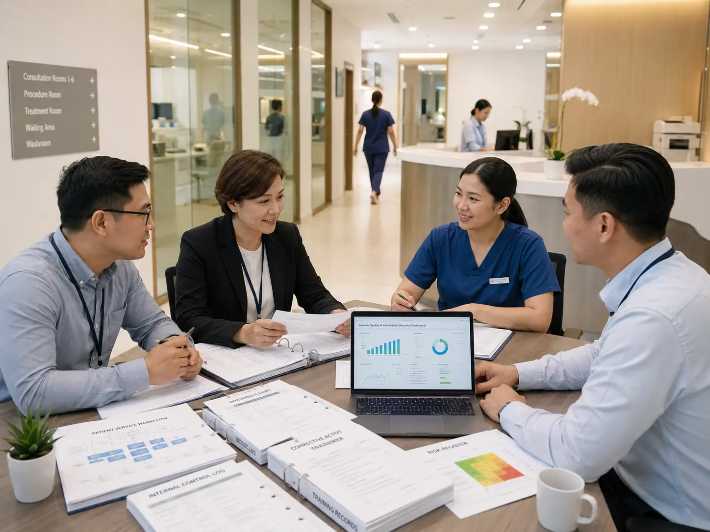 Healthcare team reviewing ISO healthcare quality documentation