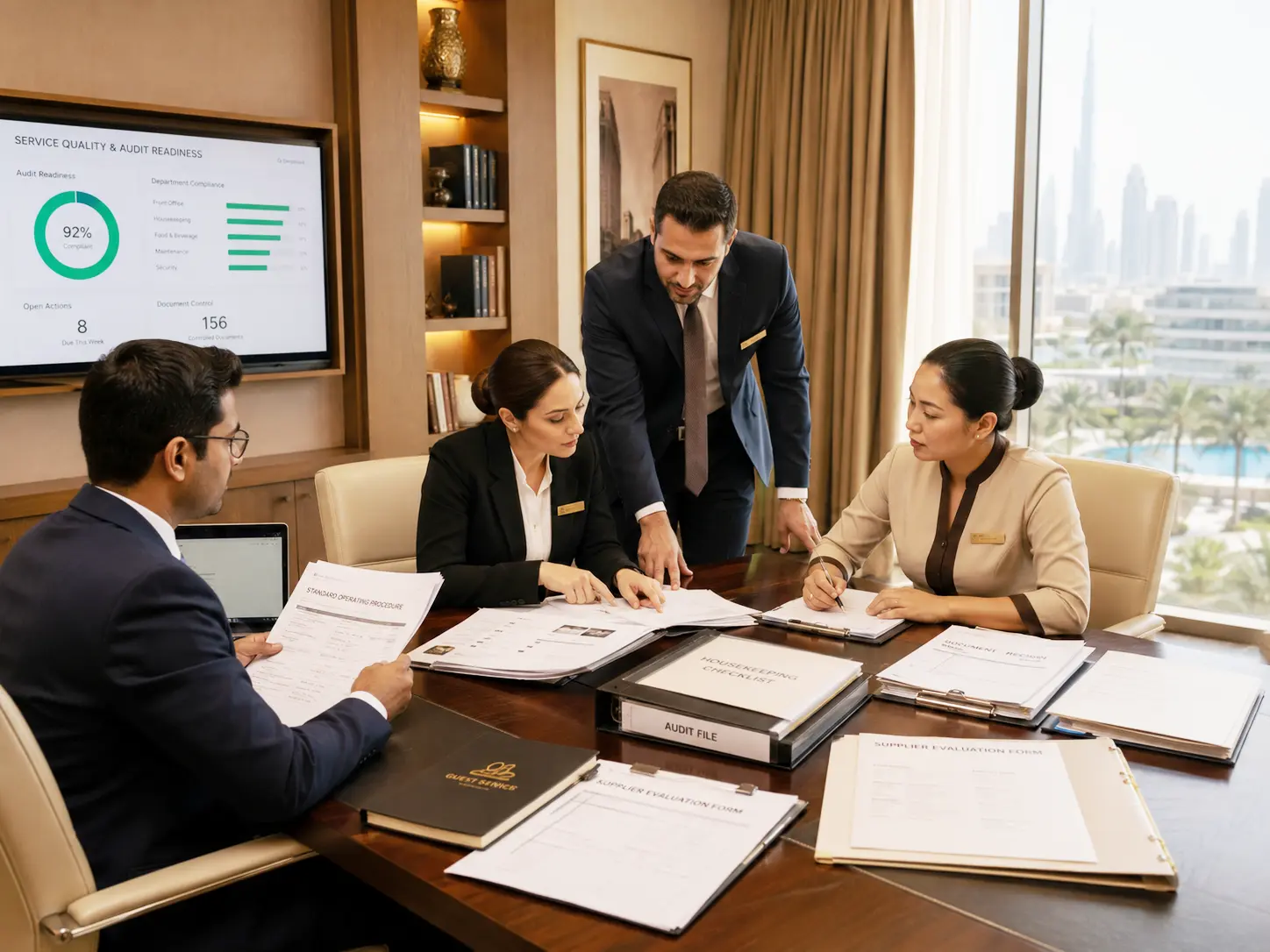 Hotel quality team reviewing controlled service procedures, guest complaint records, and ISO audit evidence