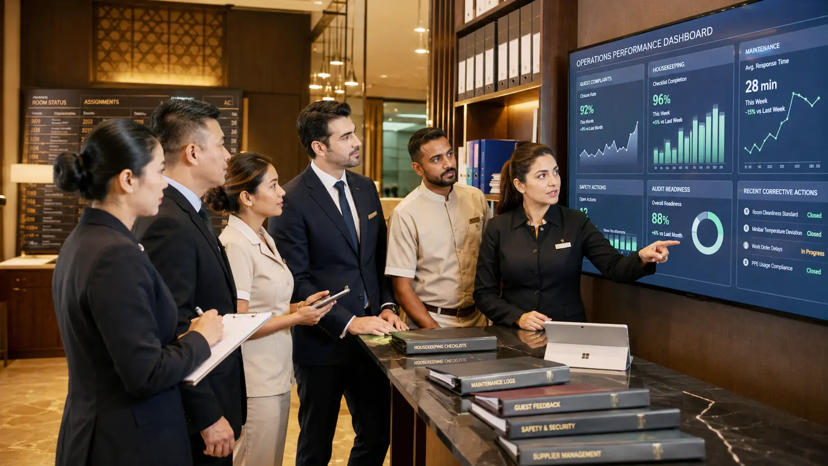 Hotel leadership team reviewing ISO dashboard, guest service KPIs, housekeeping records, safety actions, and audit readiness plan