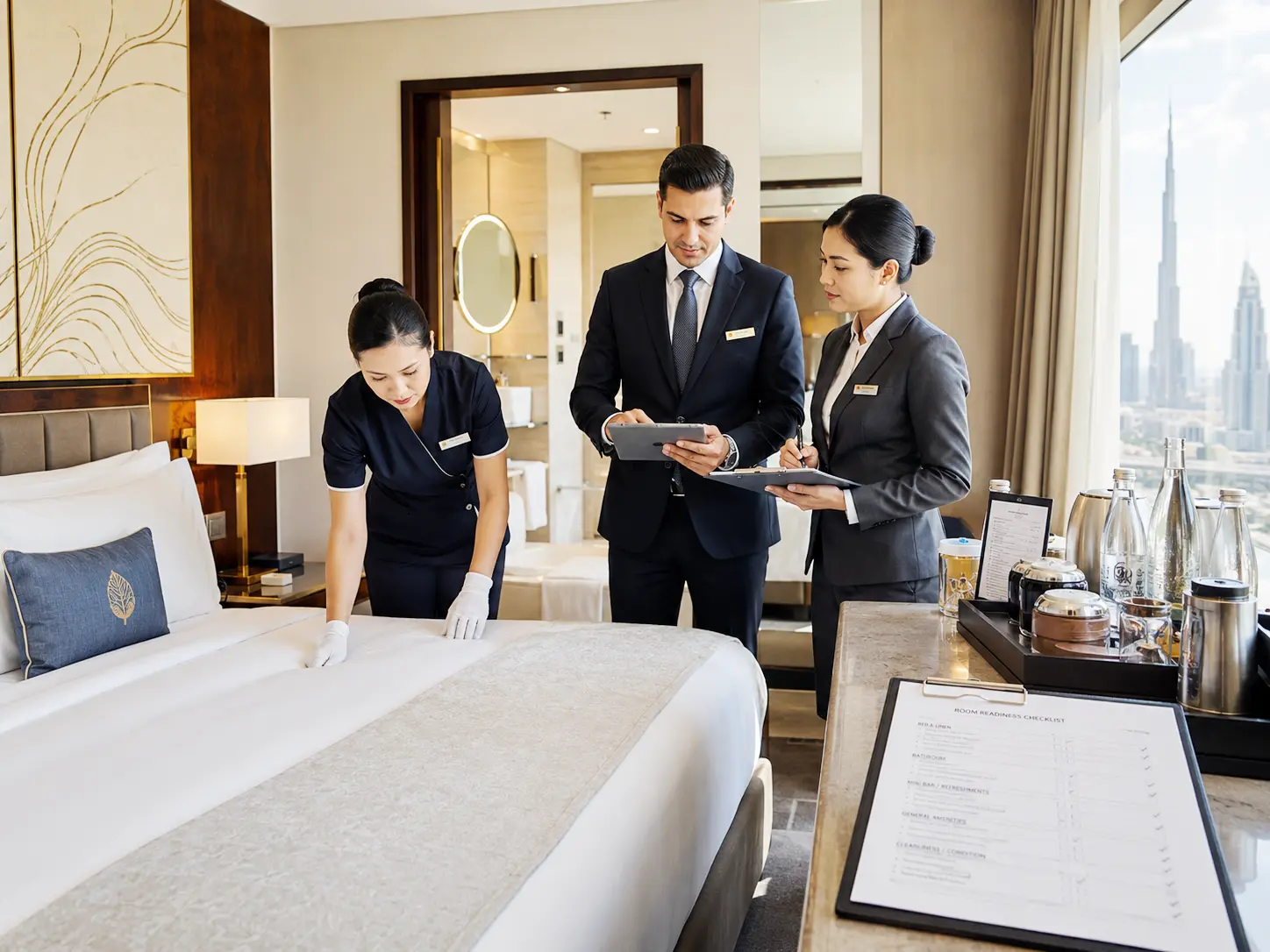 Hotel operations team checking room readiness, housekeeping standards, and guest service quality records