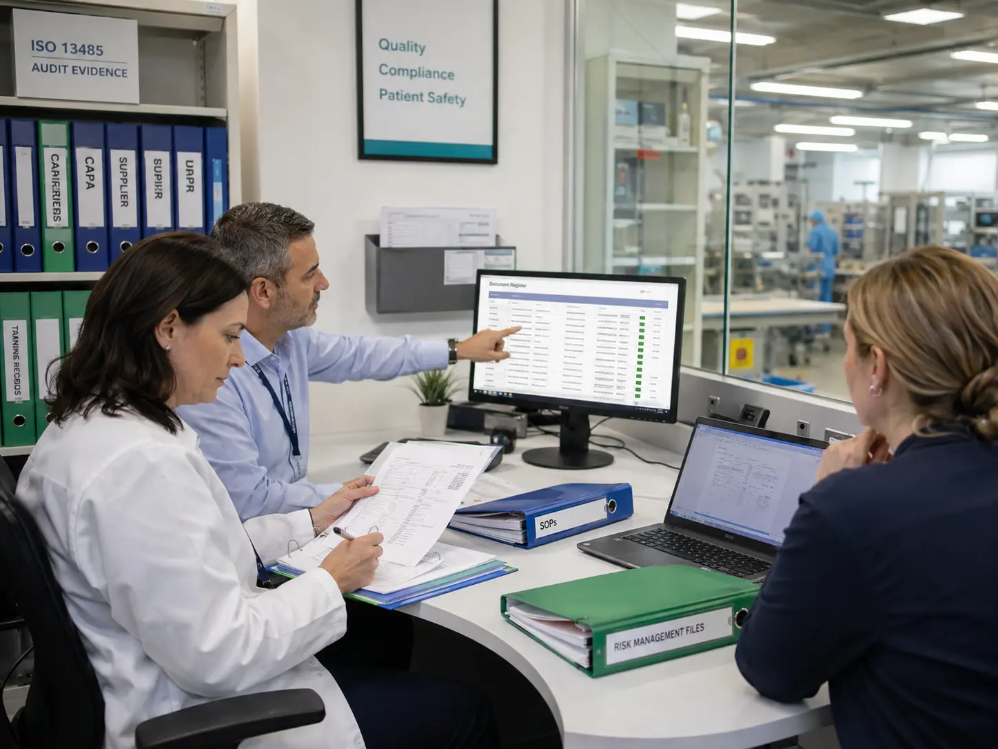 Medical device quality team reviewing controlled SOPs, device records, and risk management files