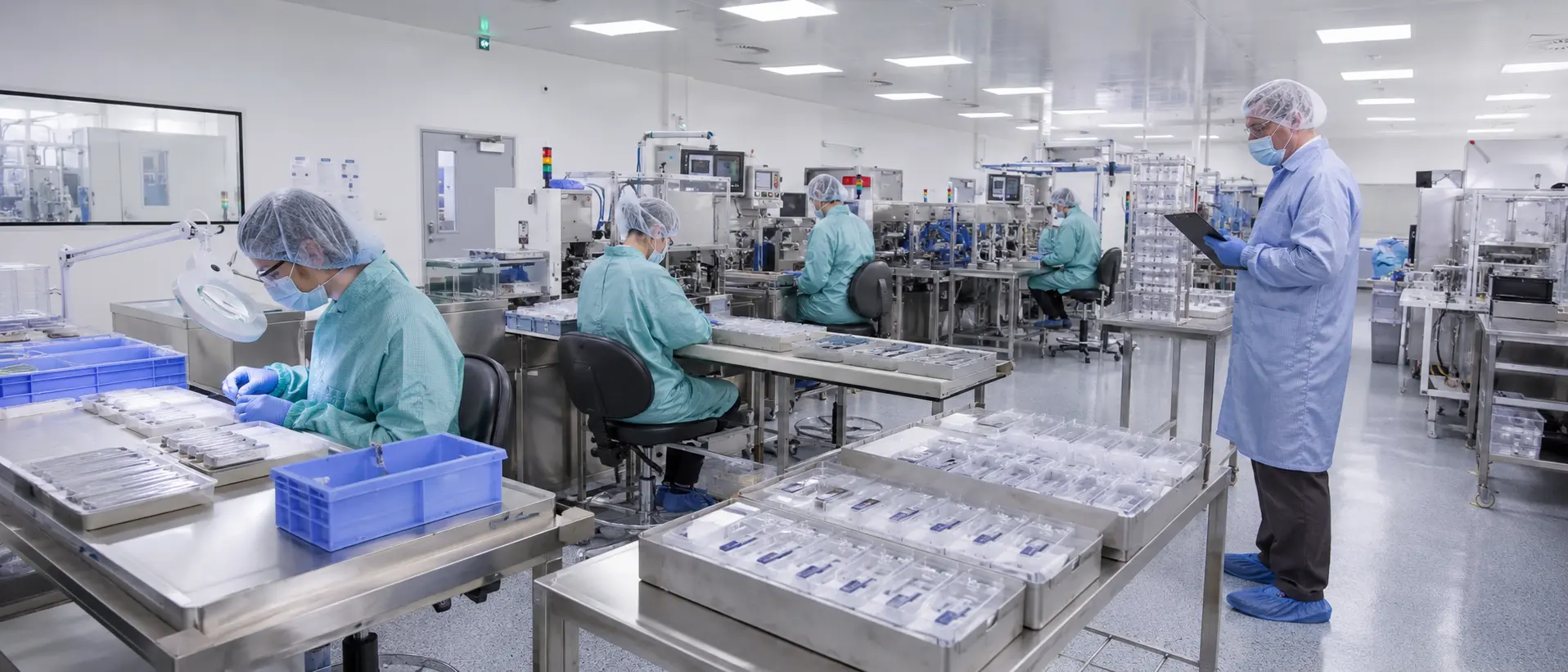 Medical device production cleanroom with operators assembling devices and reviewing controlled manufacturing records