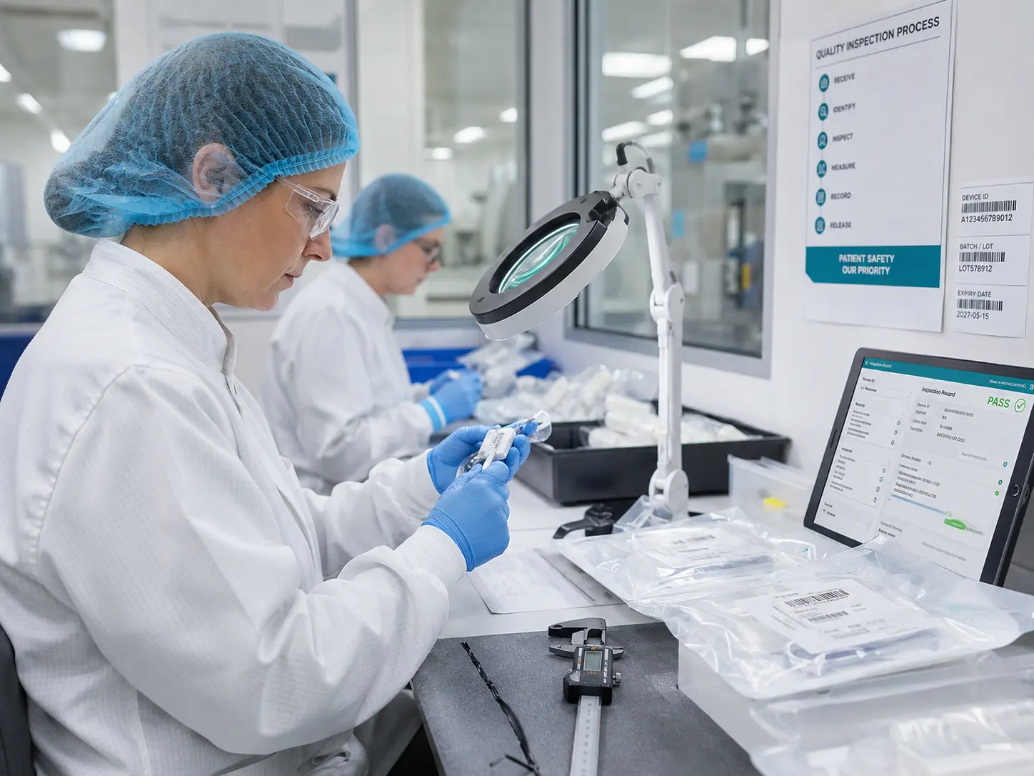 Medical device inspector checking product dimensions and release evidence in a clean manufacturing environment