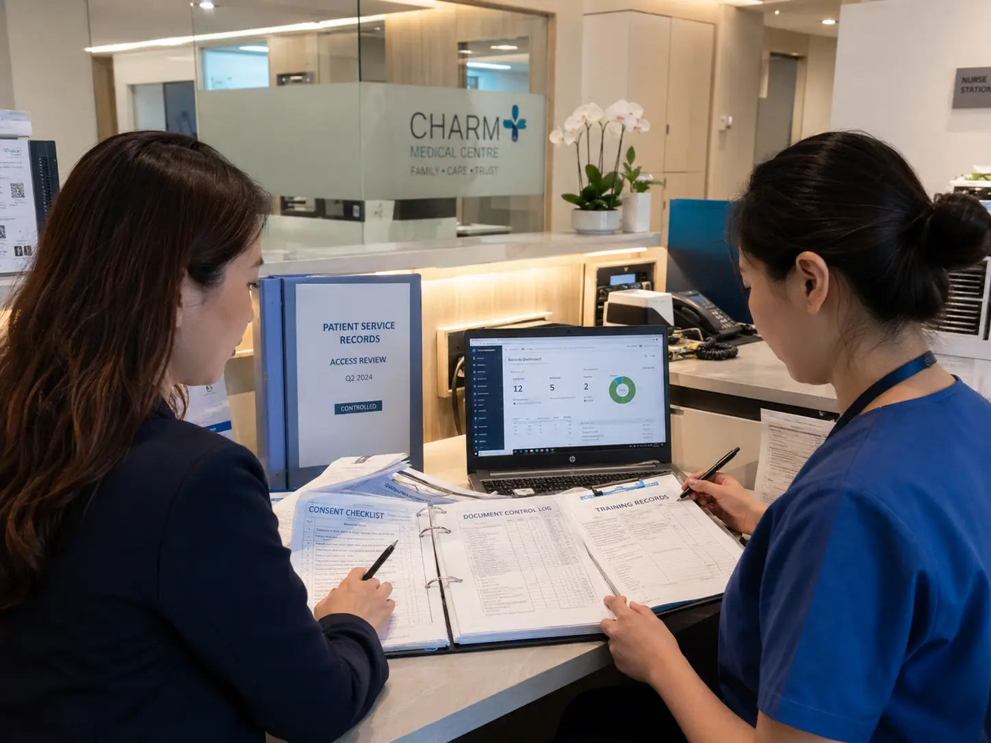 Healthcare quality team reviewing controlled patient service records
