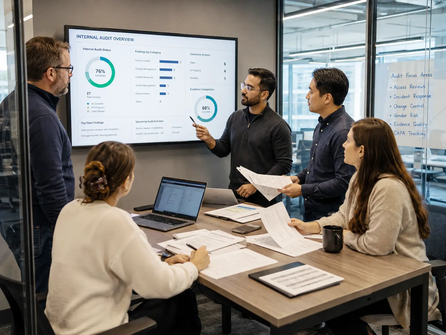 SaaS managers reviewing internal audit findings and corrective actions