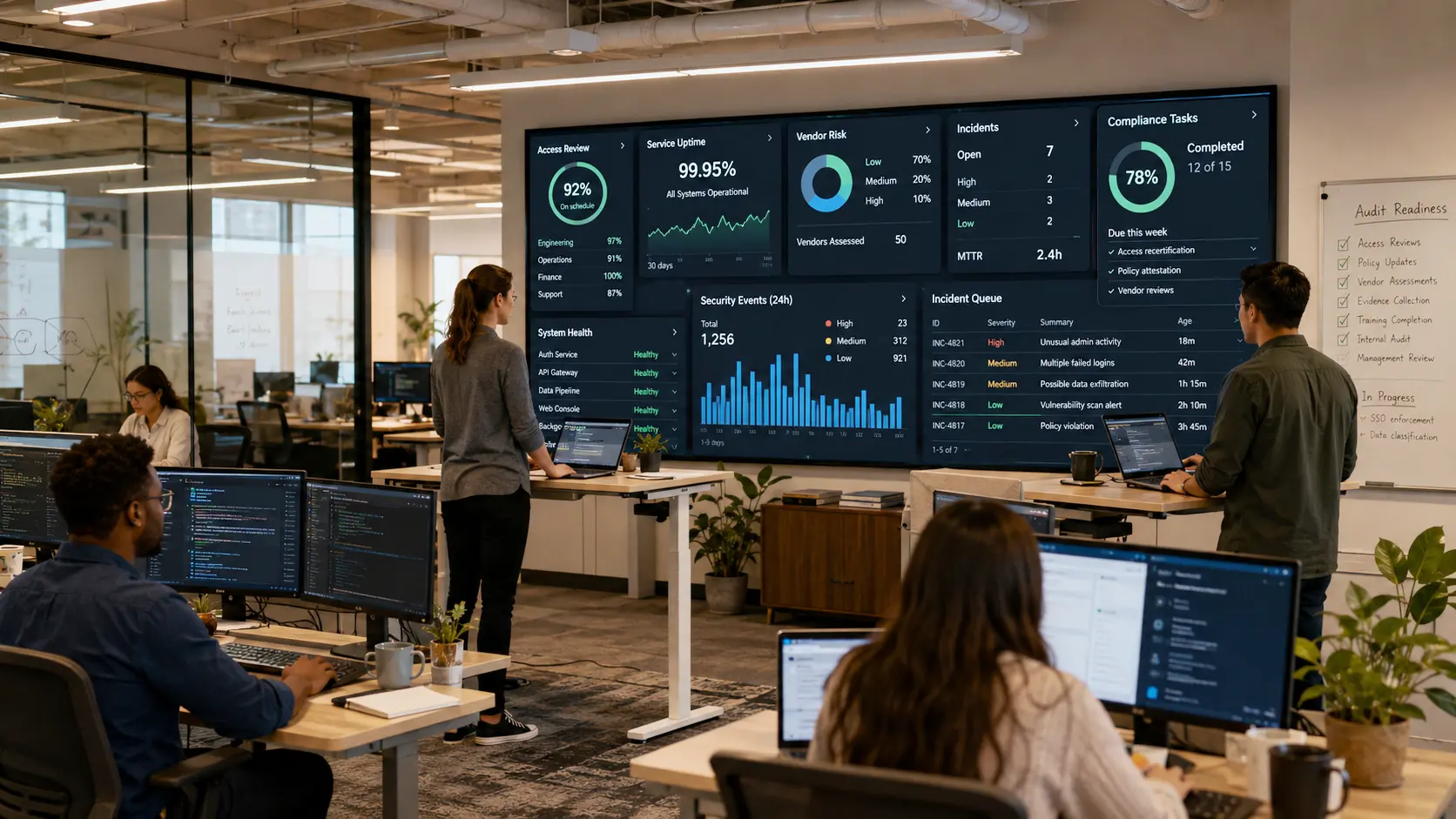 SaaS operations team monitoring security controls access reviews and service performance dashboards