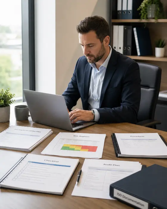 ISO consultant reviewing implementation documents at a desk